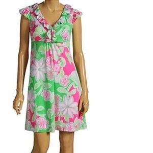 Lilly Pulitzer Vintage Womens XL Vibrant Green Pink Floral Silk Midi Dress NWOT